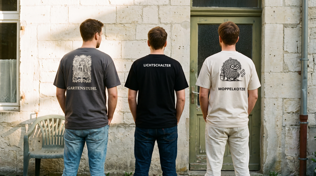 Drei Erwachsene tragen die Moppelkotze-Shirts in einem ruhigen Innenhof