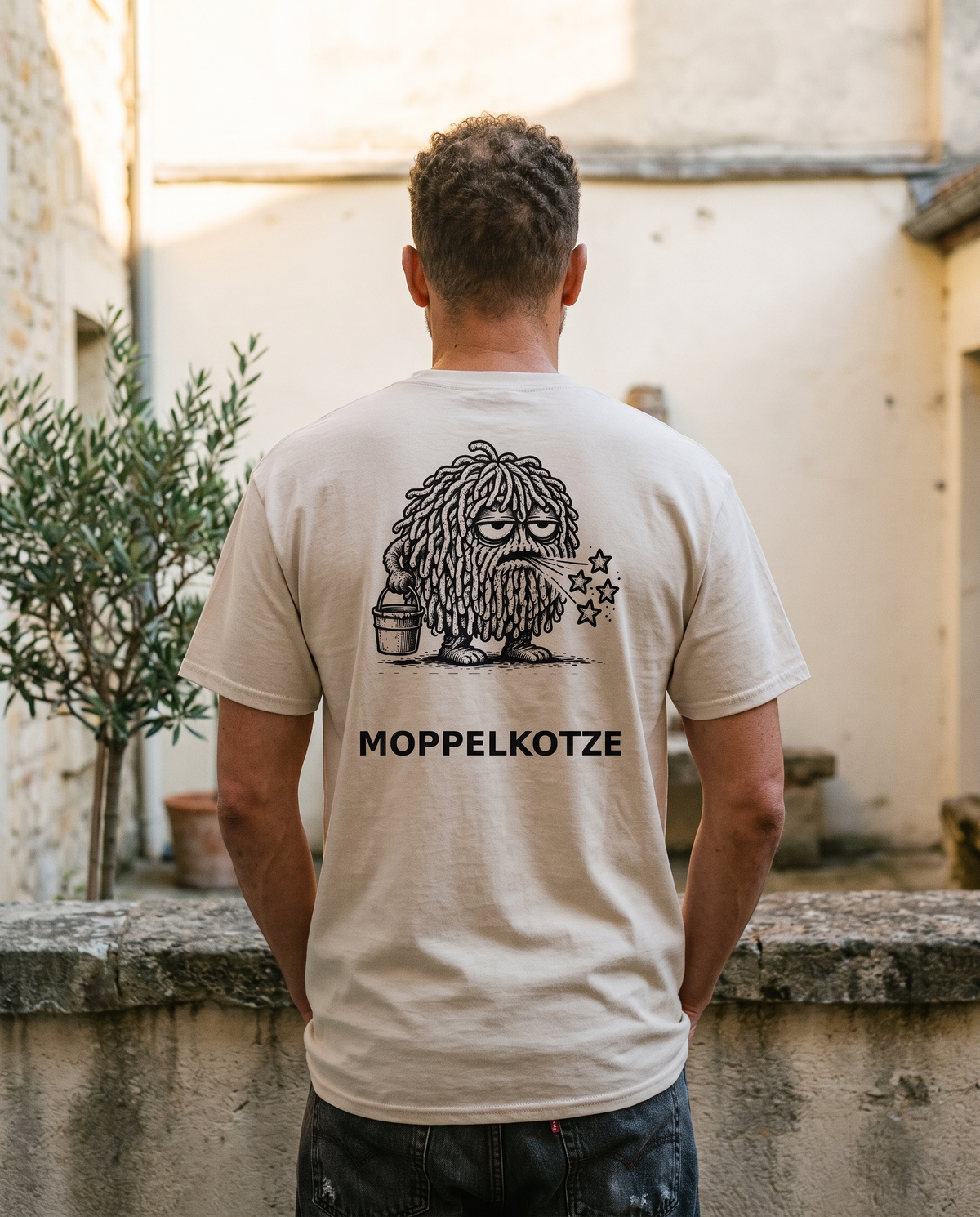 Naturfarbenes Moppelkotze-Shirt, getragen im Innenhof